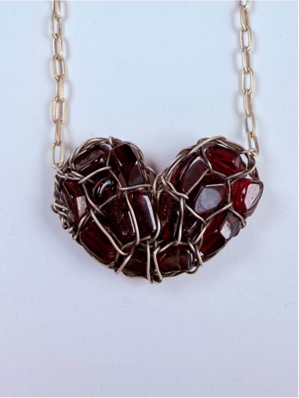 Brutalist Artisan Rhodolite Garnet Caged Heart Sterling Silver Pendant Necklace